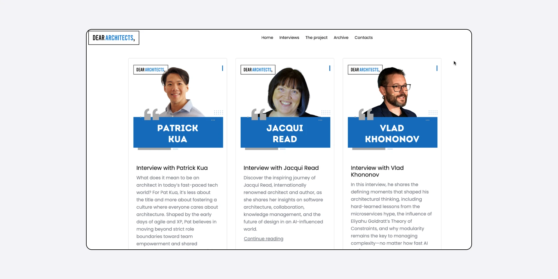 The interviews section of Dear Architects is one of its most popular features and Luca built it on MailerLite’s website builder 