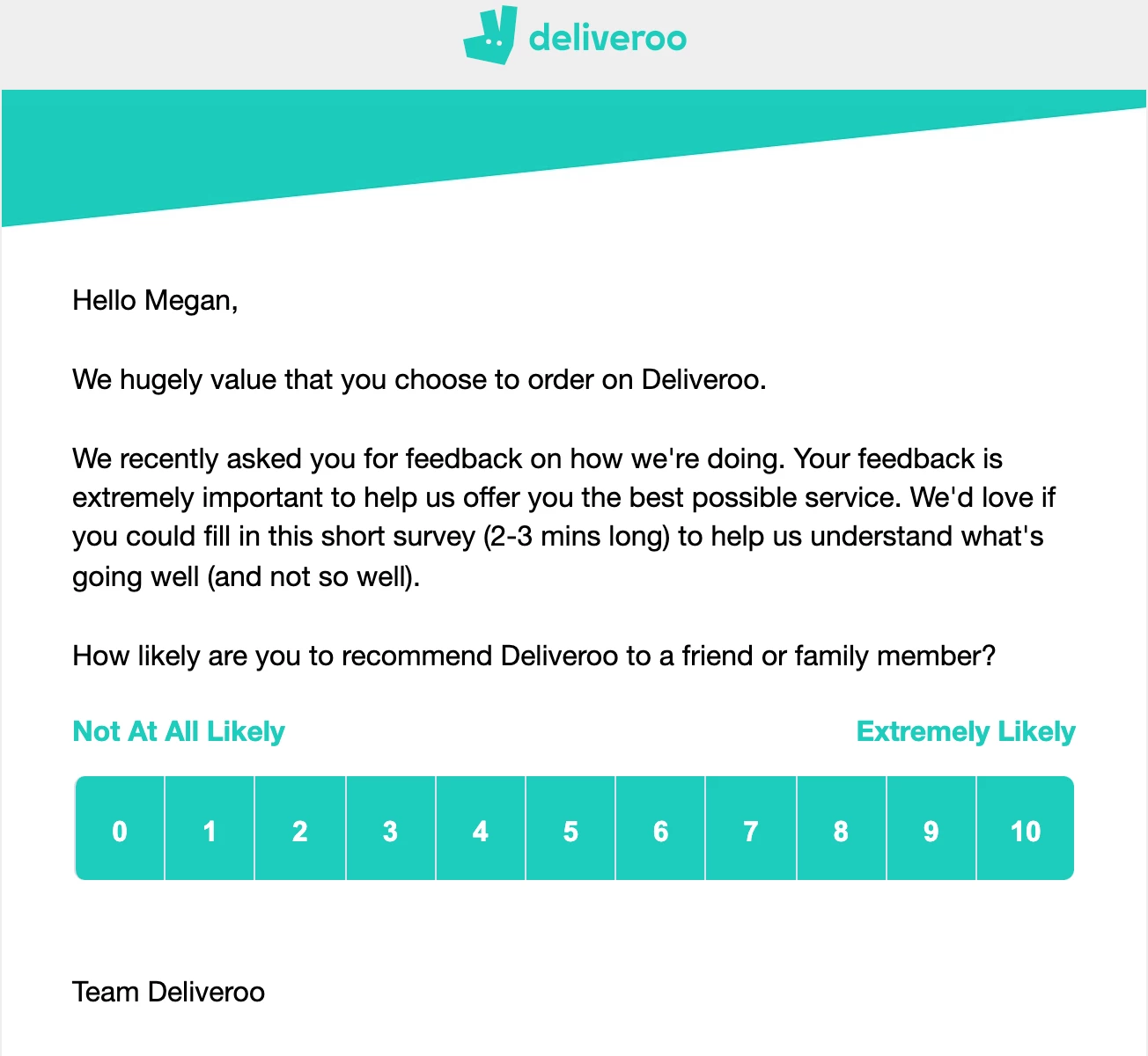 Deliveroo survey reminder email