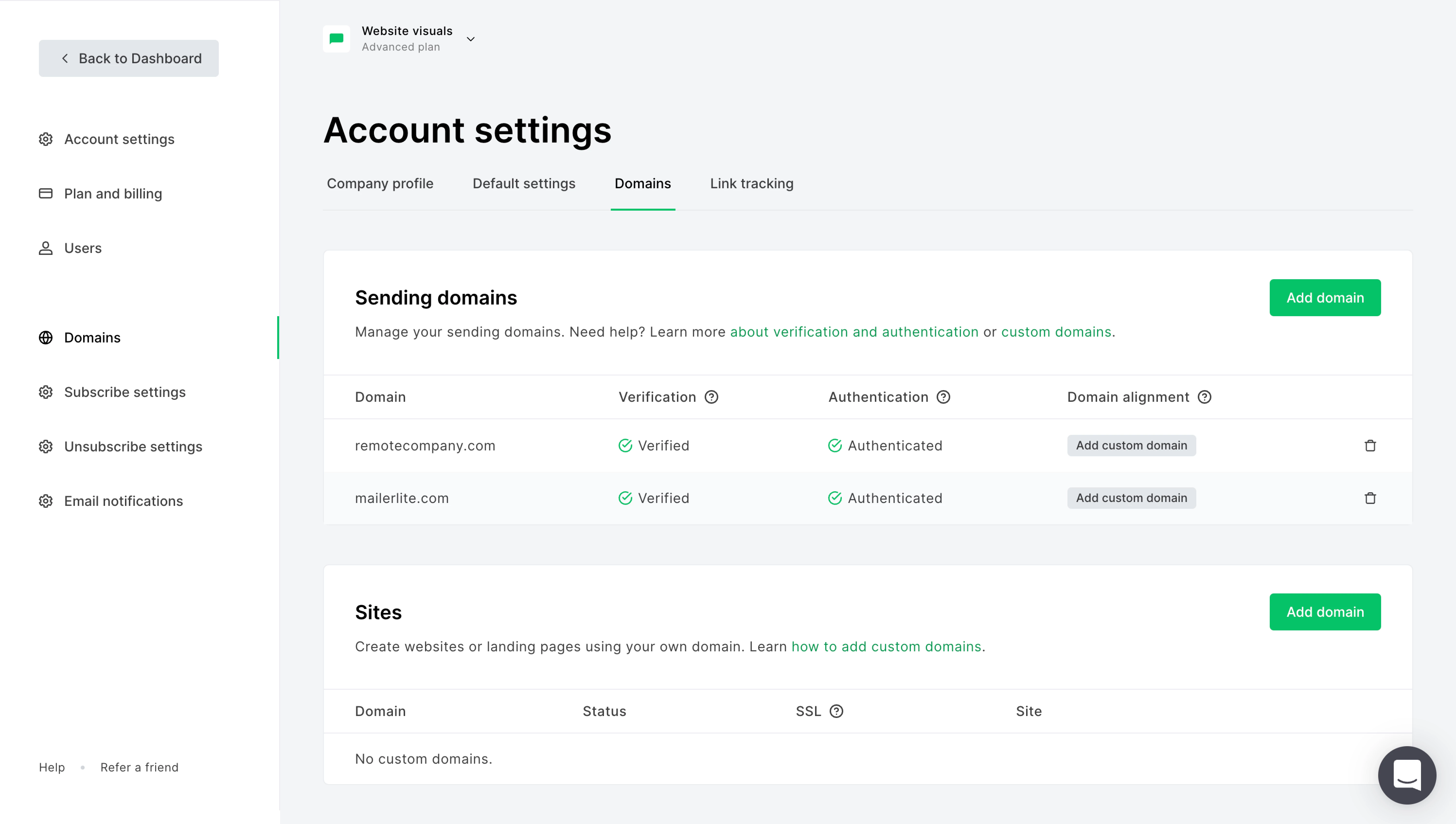 Domain alignment window in MailerLite account settings dashboard