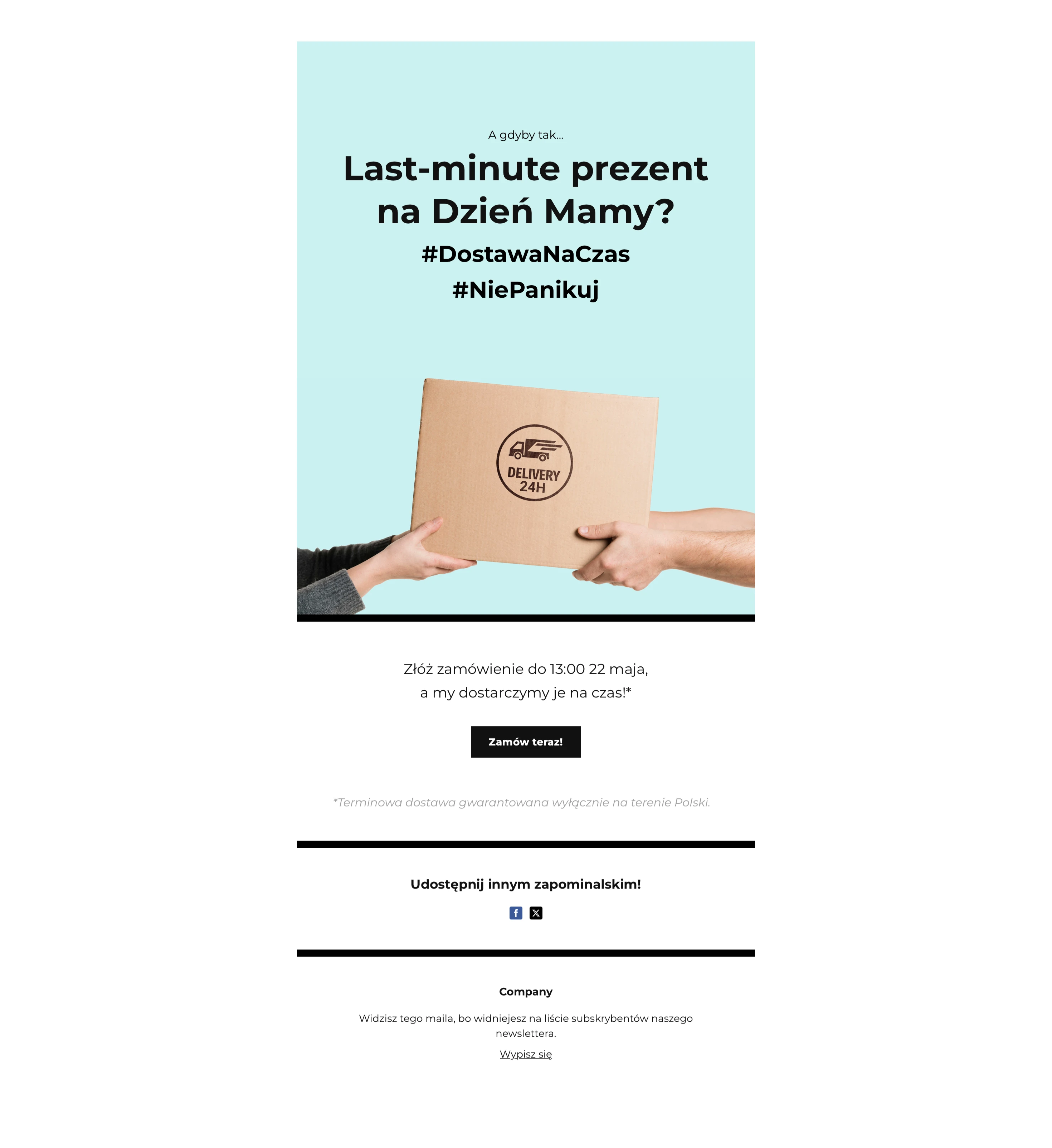 Przykład newslettera dla ecommerce z prezentami last-minute na Dzień Matki