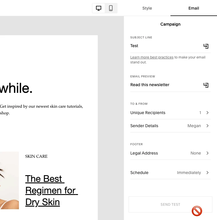 Squarespace blocked an user from sending test emails