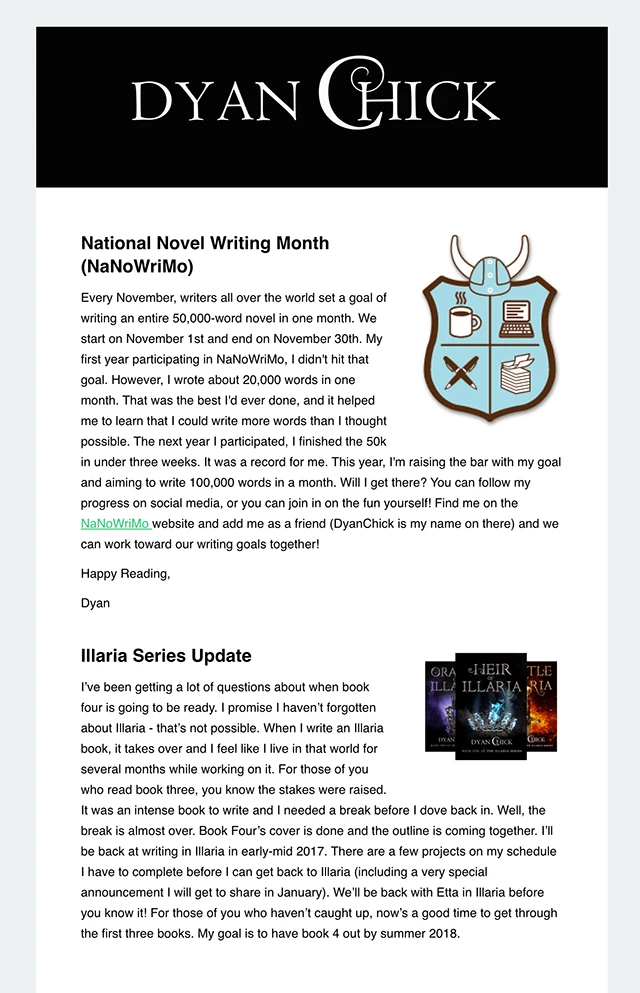 Newsletter with updates about future books
