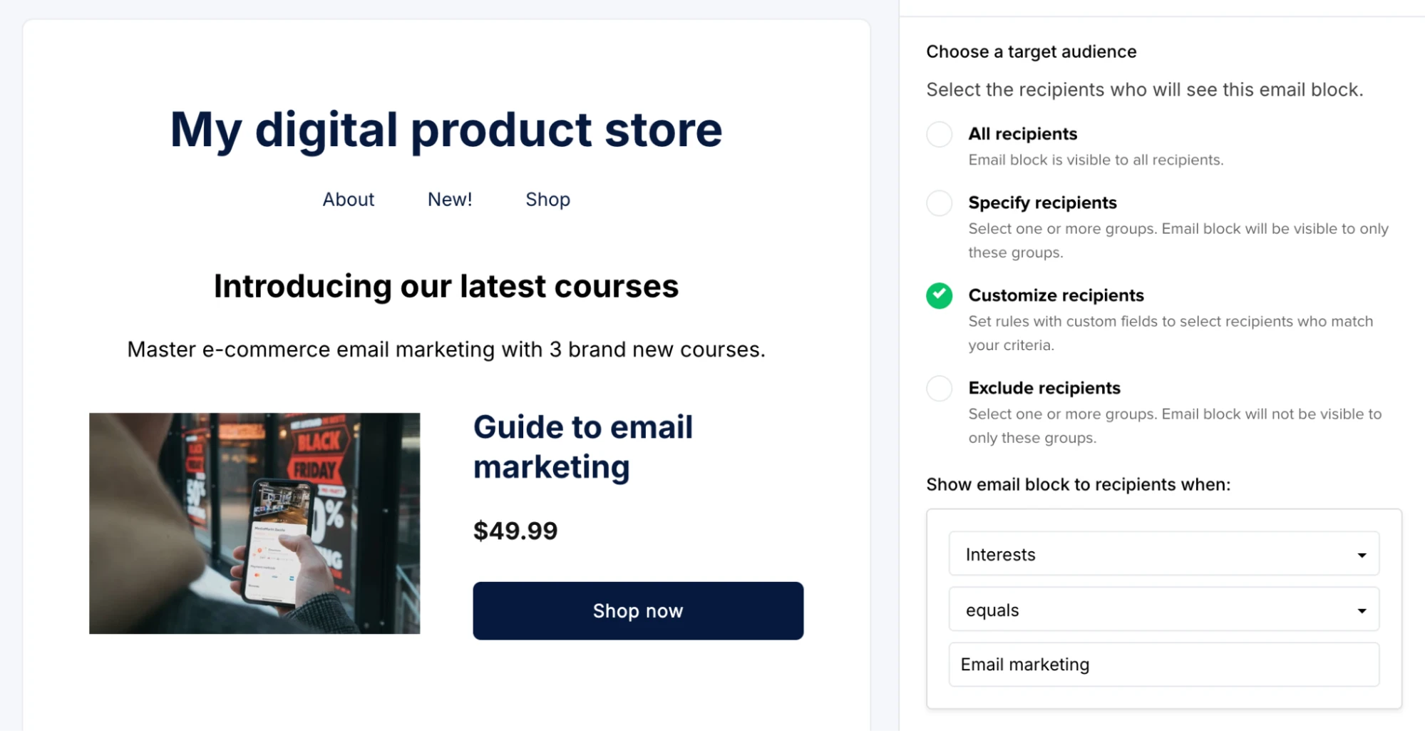 Screenshot of en email using dynamic block settings to show an email marketing guide to interested subscribers