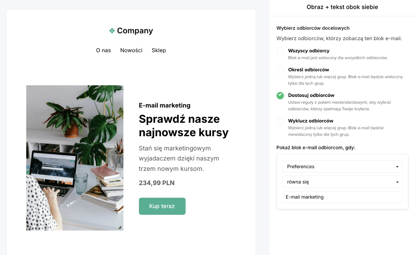 Screenshot e-maila z wykorzystaniem dynamicznego bloku, by zaoferować przewodnik po e-mail marketingu tylko zainteresowanym