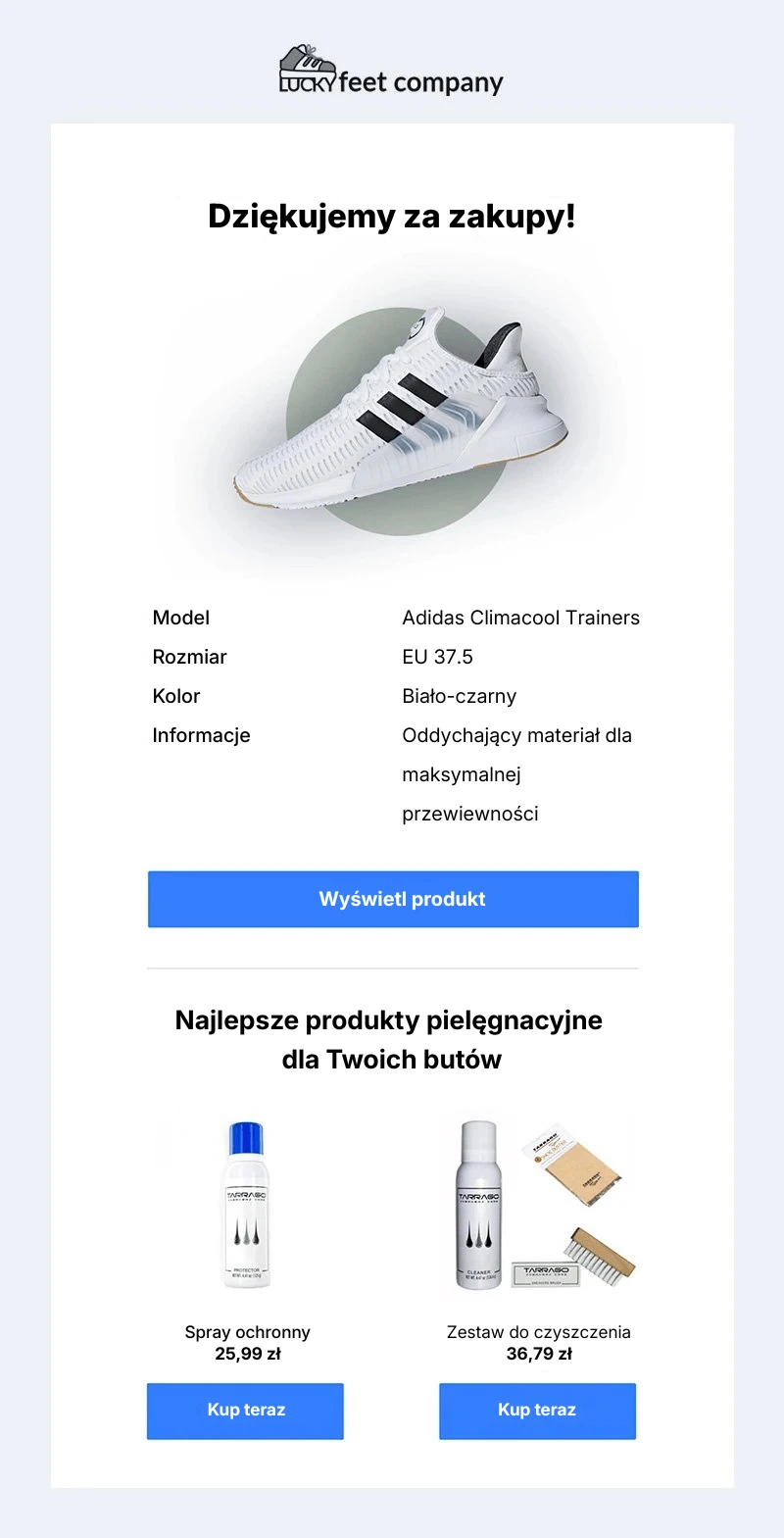 Przykład wiadomości e-mail od firmy Feetcompany z podziękowaniem za zakup – MailerLite