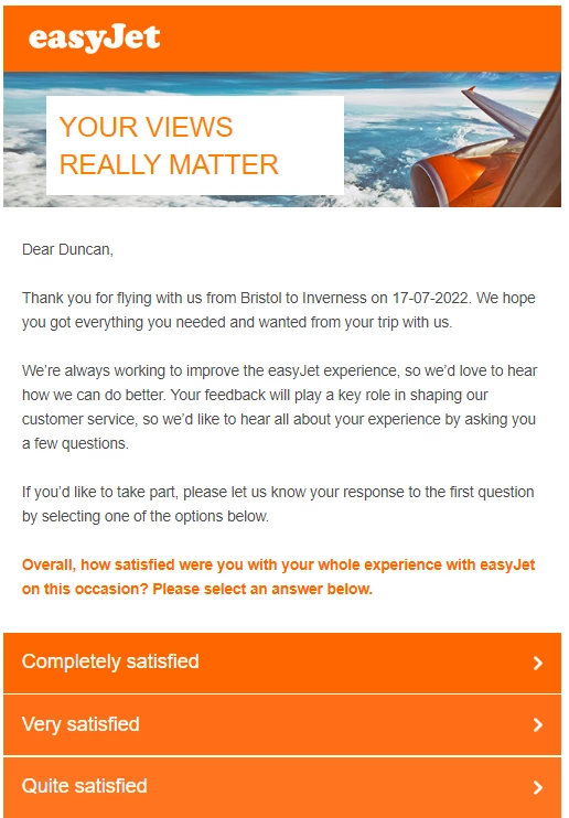 EasyJet CSAT survey email with a white background and orange buttons