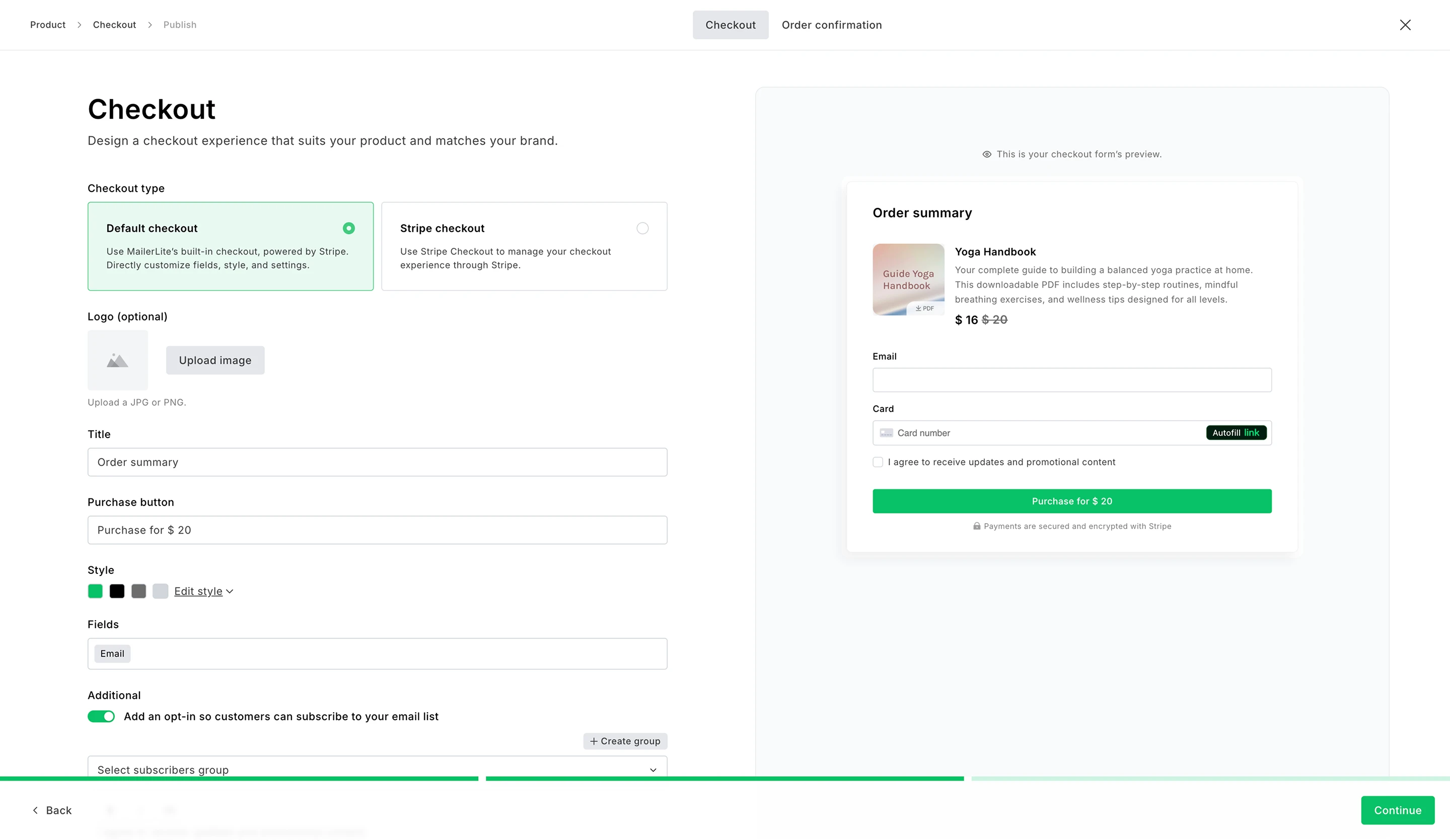 Checkout editing options in MailerLite