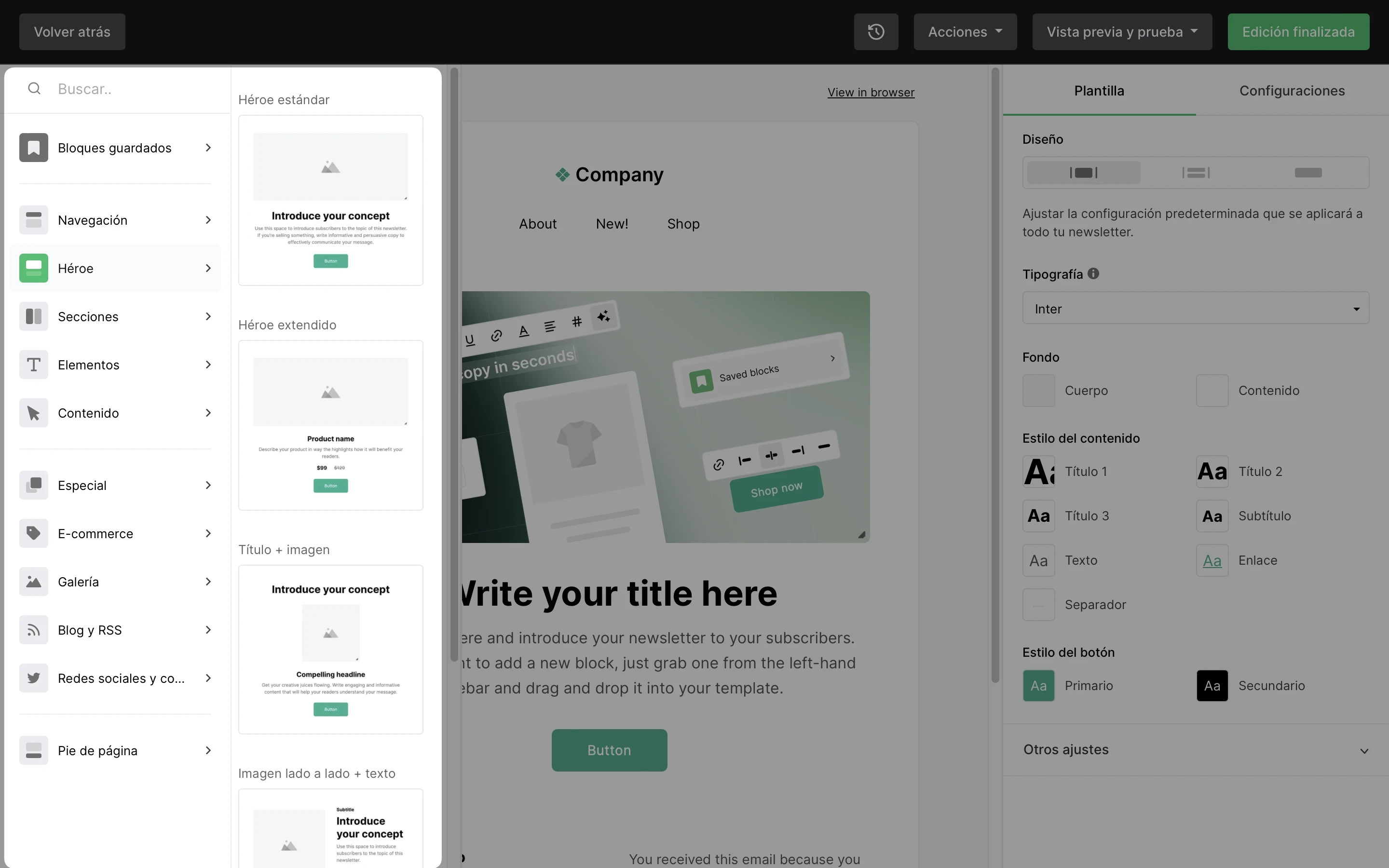 Captura de pantalla del editor de arrastrar y soltar de MailerLite