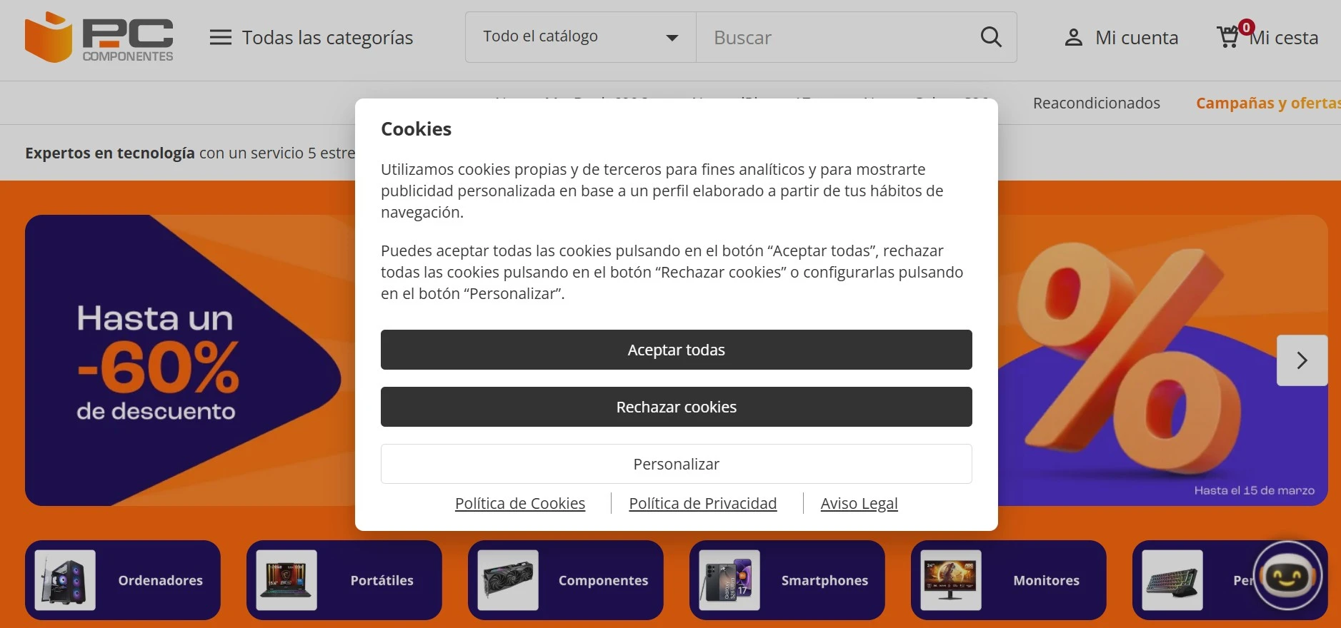 ejemplo de popup sobre cookies de navegación