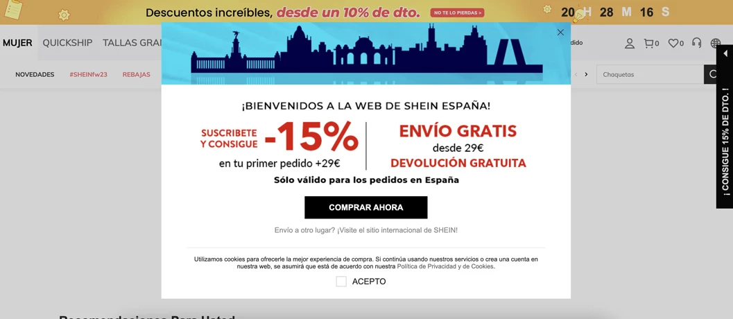ejemplo de popup de descuento