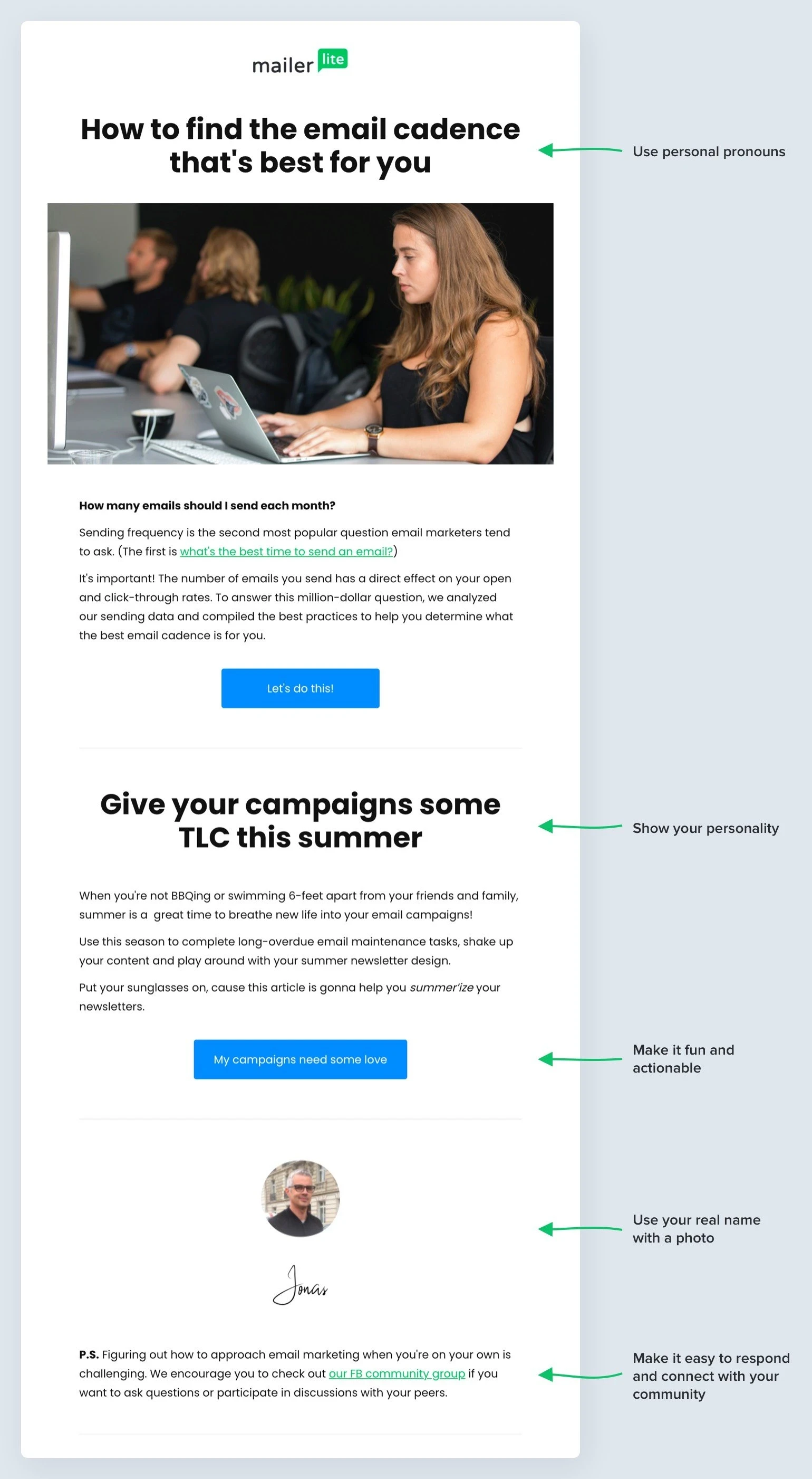 Example of personalized email including personal pronounce, brand personality, sender's real name and photo in signature and contact info