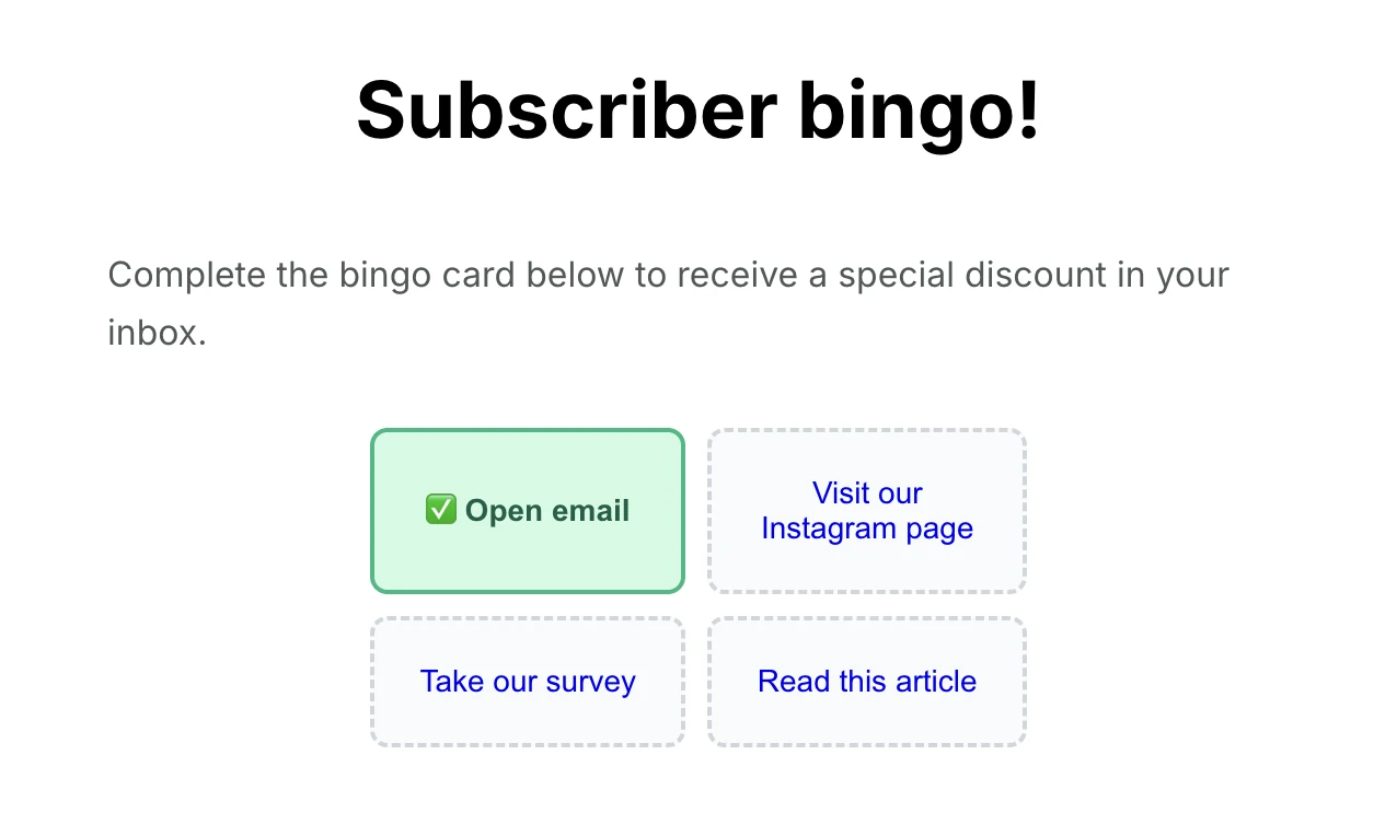 An example of a bingo card added using the MailerLite Code block. 