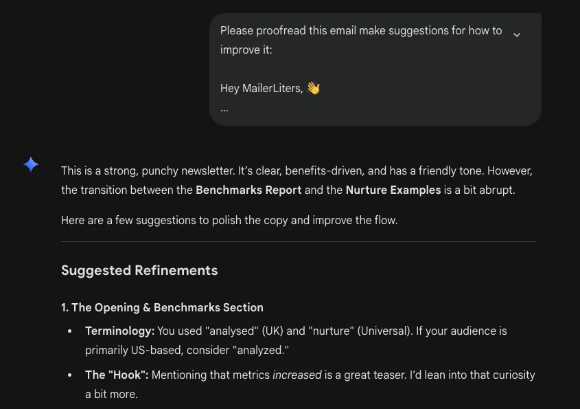 Screenshot showing Gemini AI email content editing suggestions