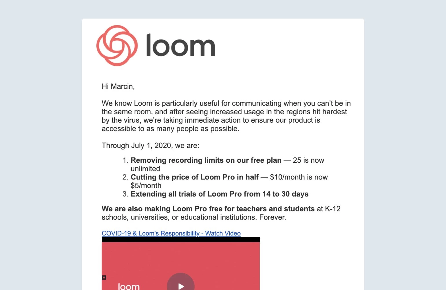 loom email communication example during uncertain times