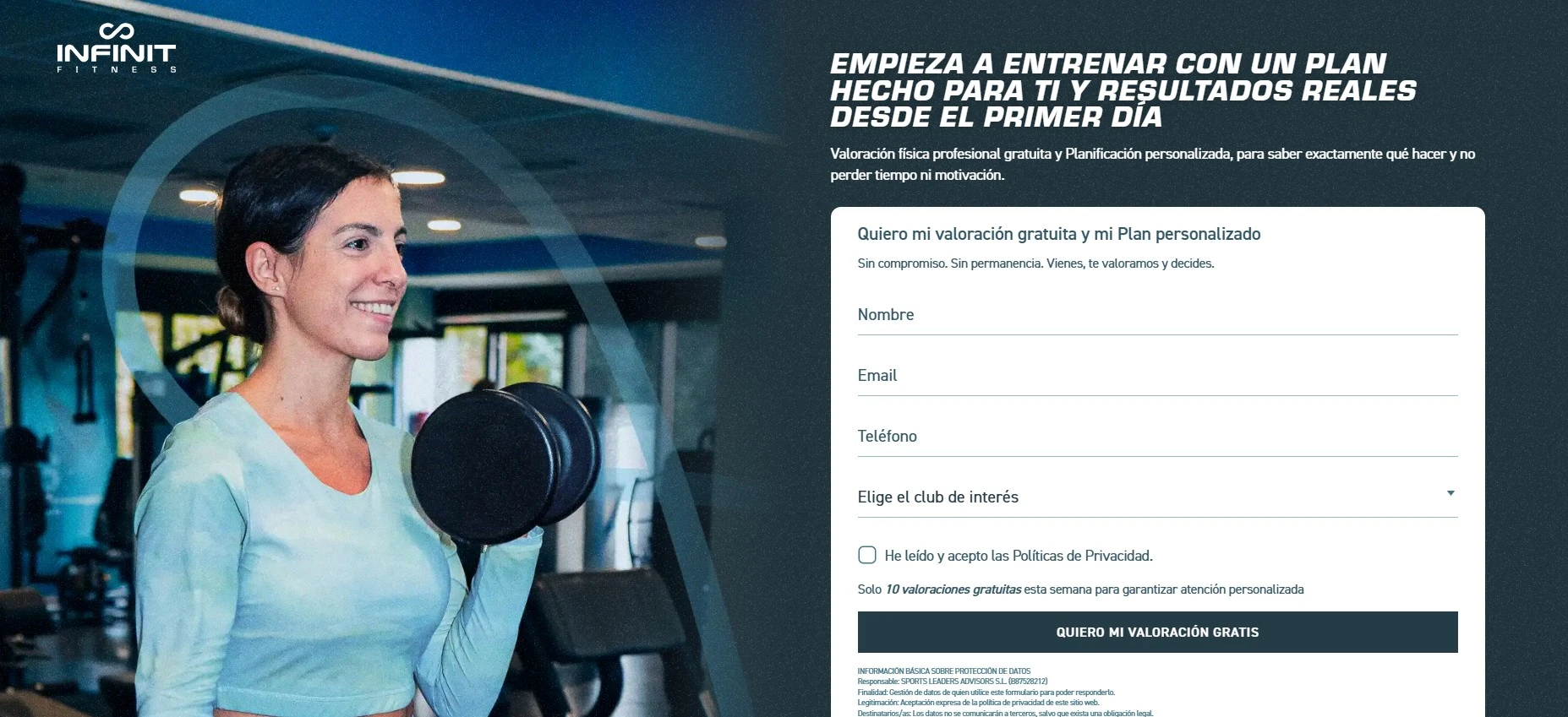 captura de pantalla de landing page the gym infinityfitness