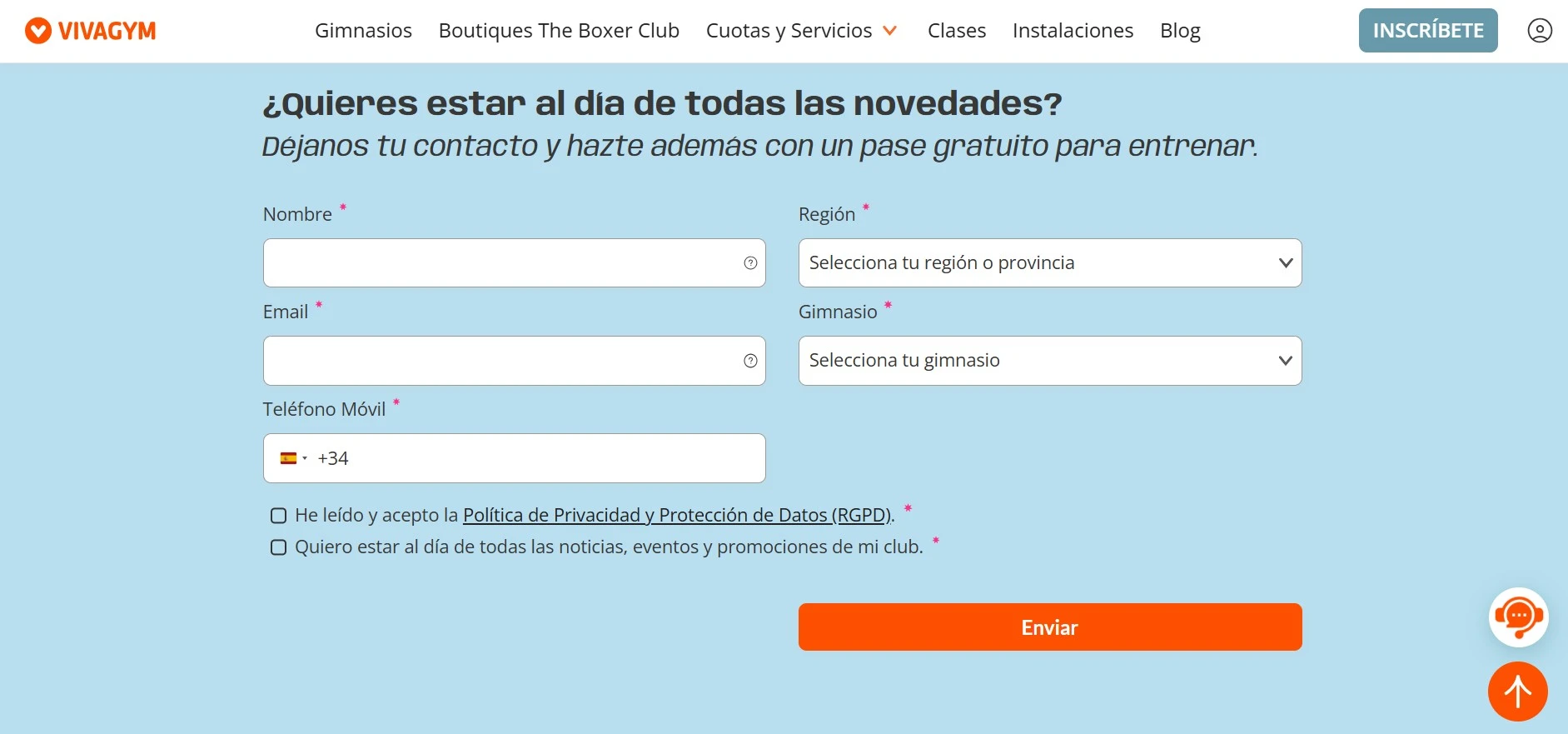 captura de pantalla de formulario de suscripción de VivaGym