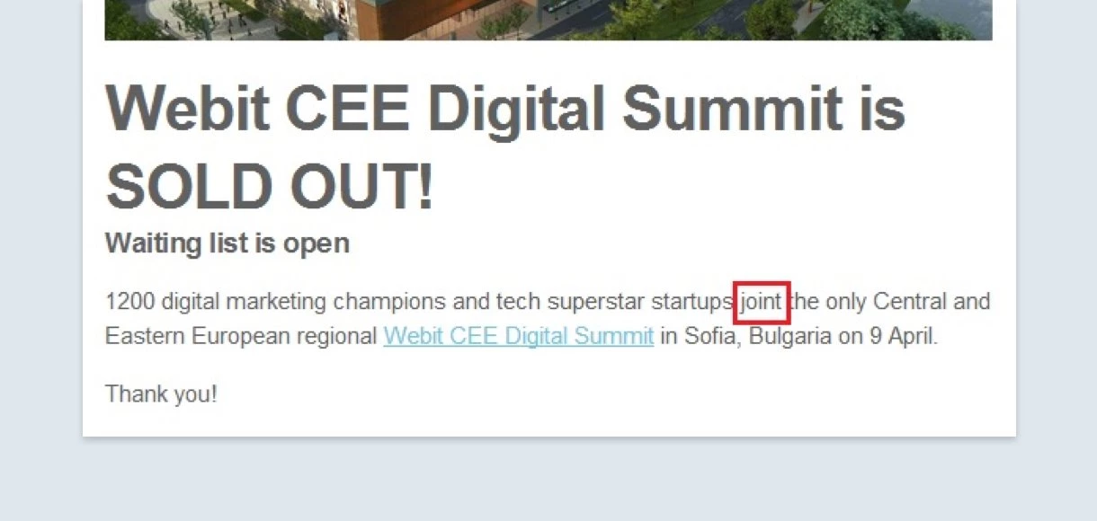 email marketing mistakes - typo in email webit cee example