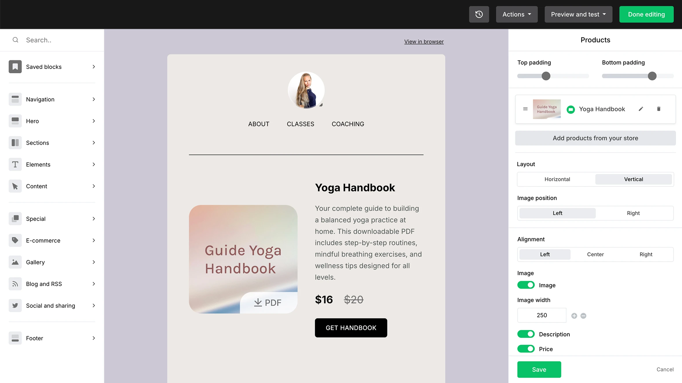 A MailerLite newsletter with a product block