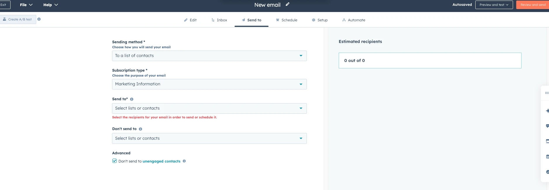 Options to schedule and send mail, automate on the HubSpot email editor
