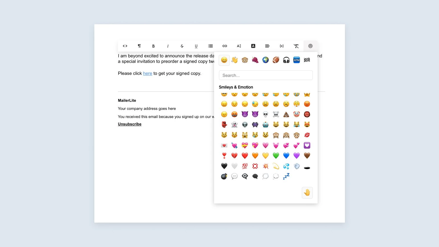 Emoji search bar in the rich-text editor