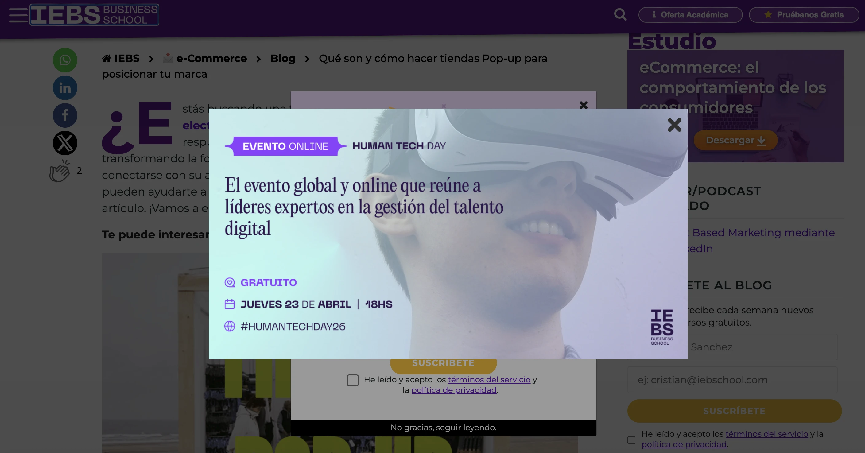 ejemplo de popup de anuncio o colaboración