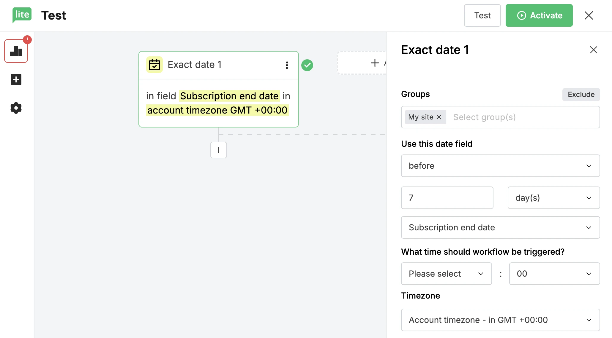 Exact match of a date email workflow trigger in app - mailerlite