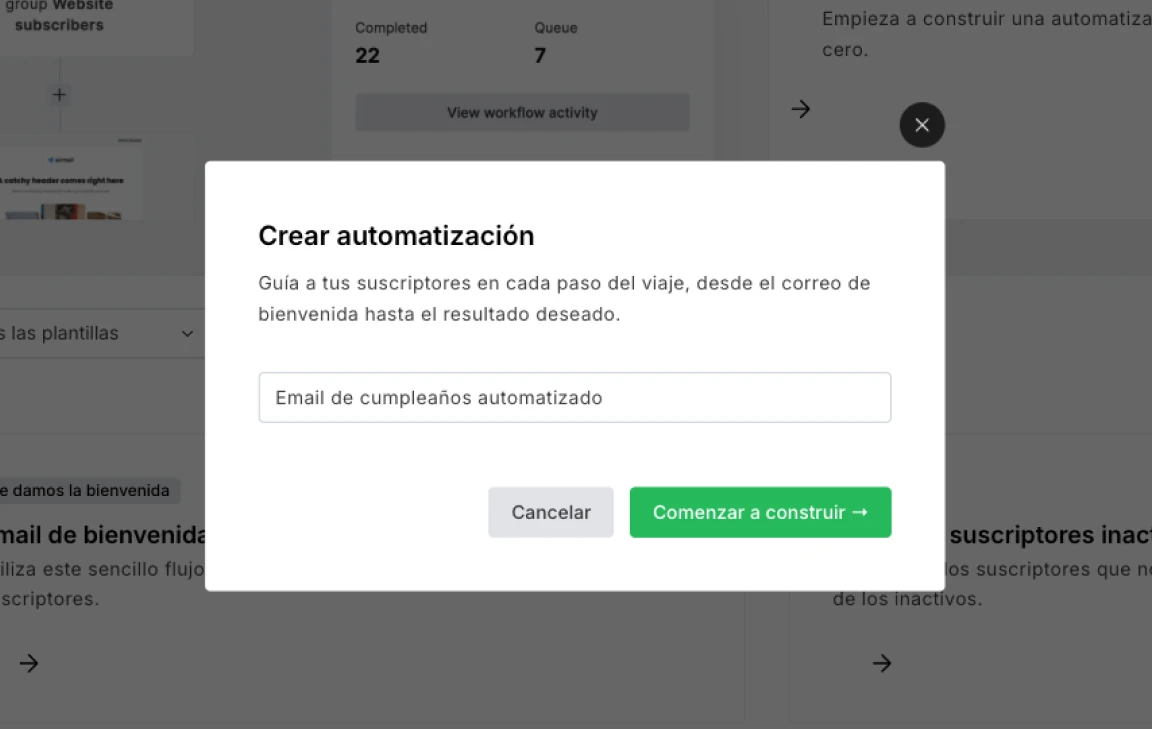 Página de automatización en el panel de control de MailerLite