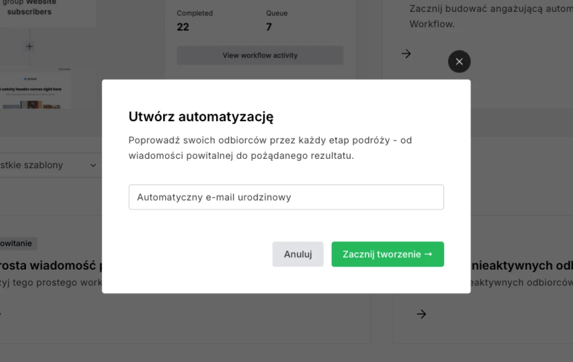 Strona automatyzacji na pulpicie MailerLite