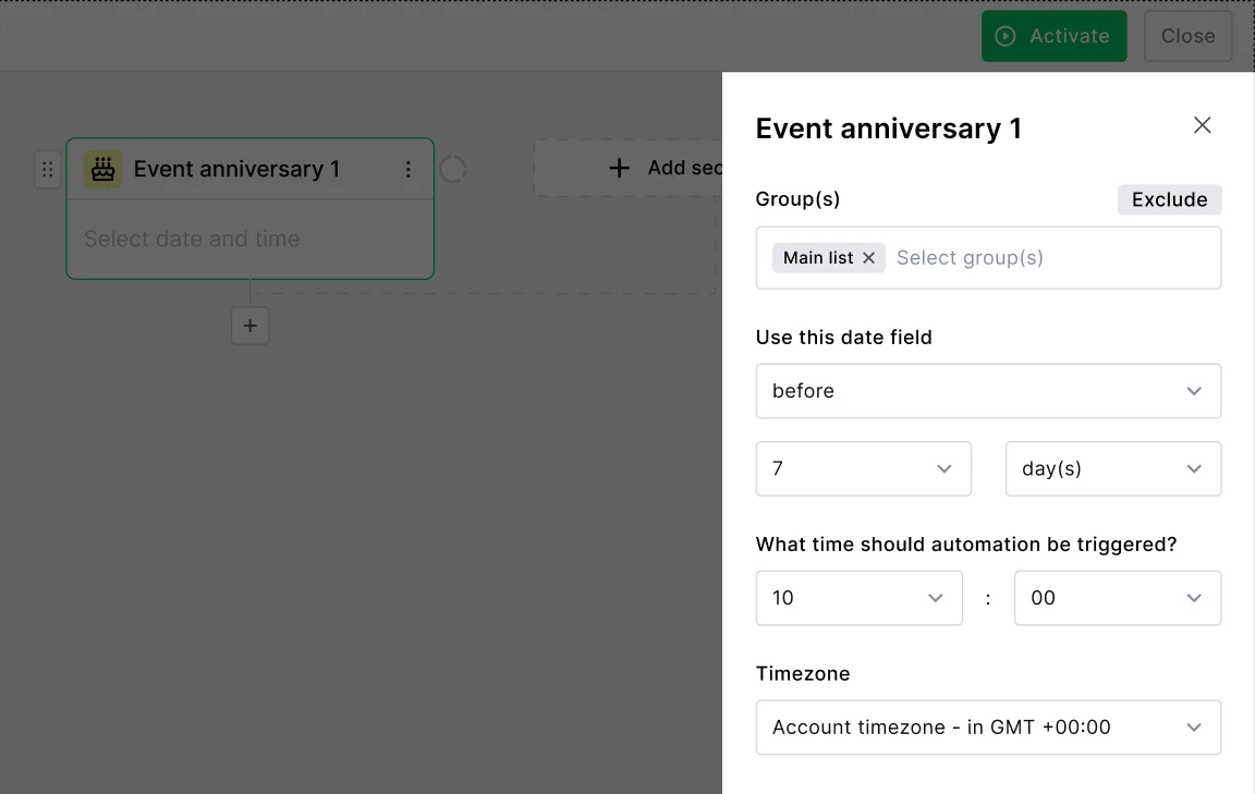Sidebar settings for MailerLite workflow triggers
