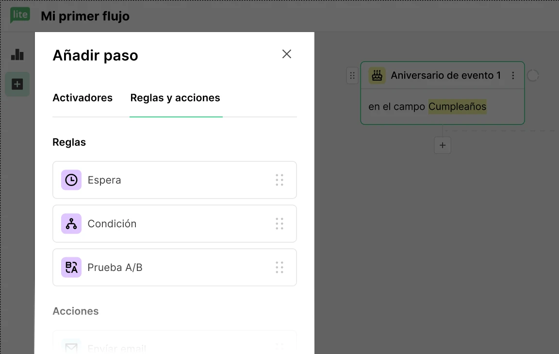 Imagen de un paso que se añade a una automatización de cumpleaños en MailerLite