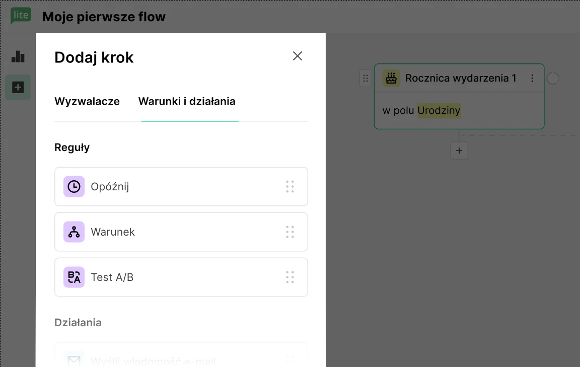 Okno dodawania kroku do workflow w MailerLite