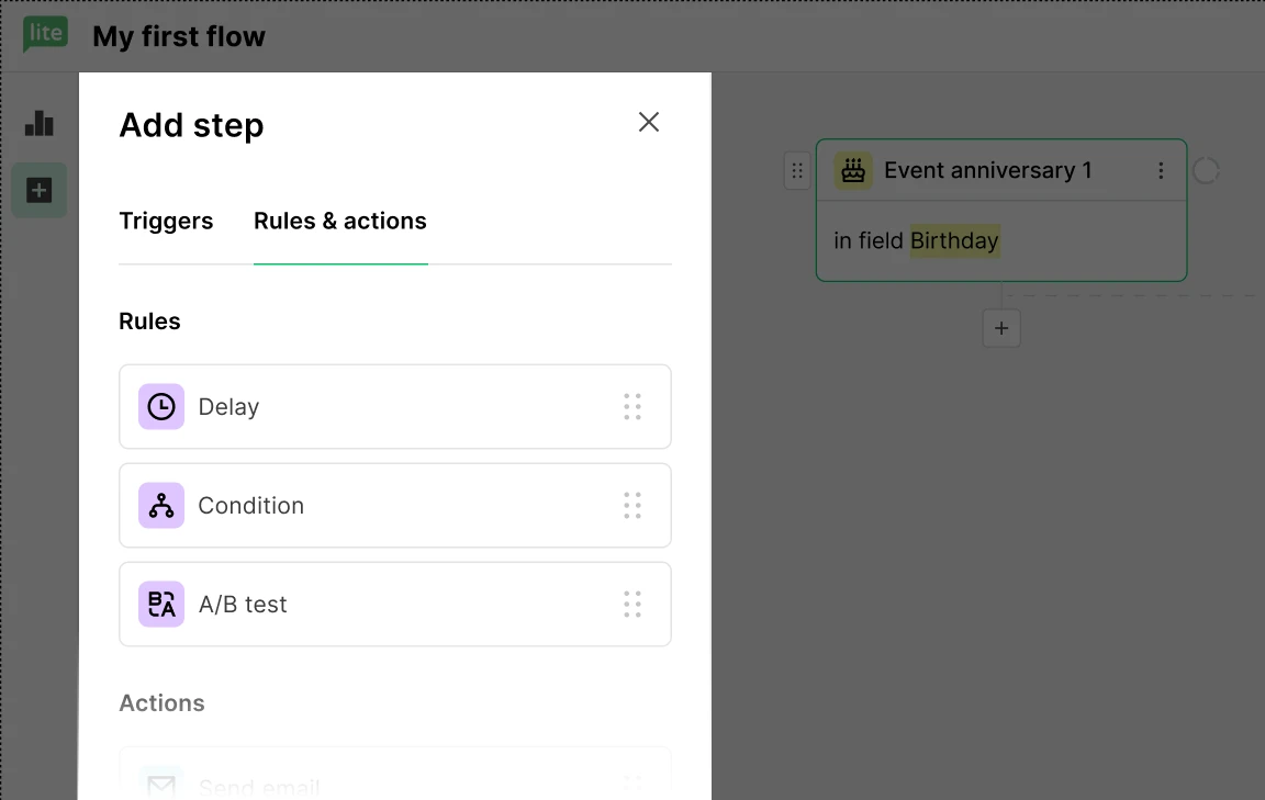 Image depicting a step being adding to a birthday automation in MailerLite