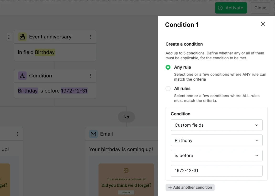 Condition settings in the sidebar of a MailerLite automated birthday email workflow