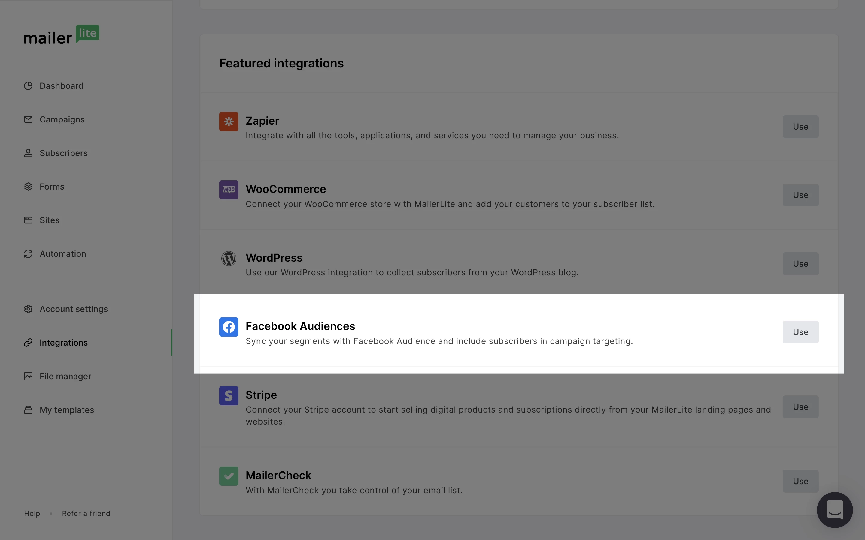 Facebook audience integration screenshot