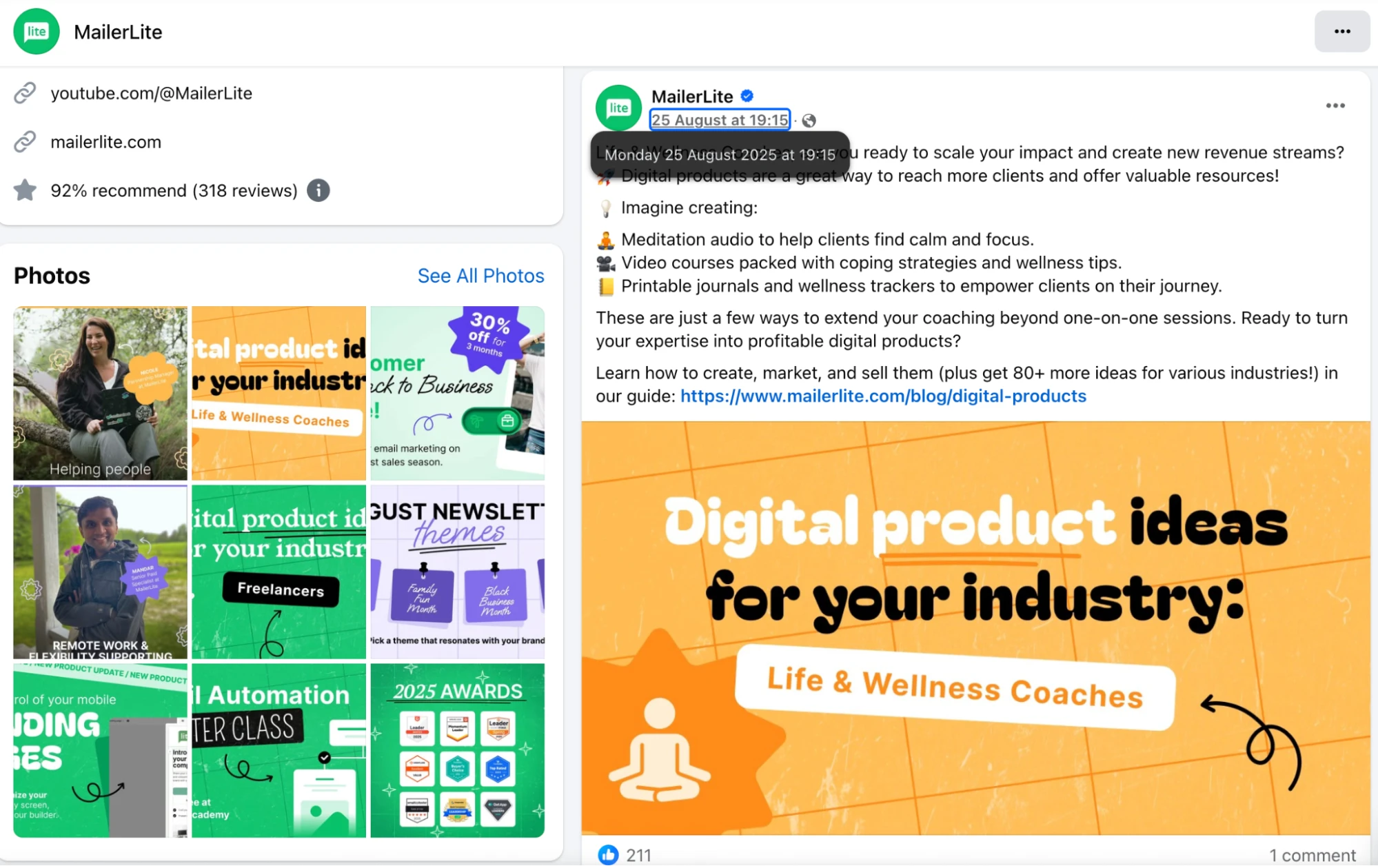 Screenshot of a post on the MailerLite Facebook page