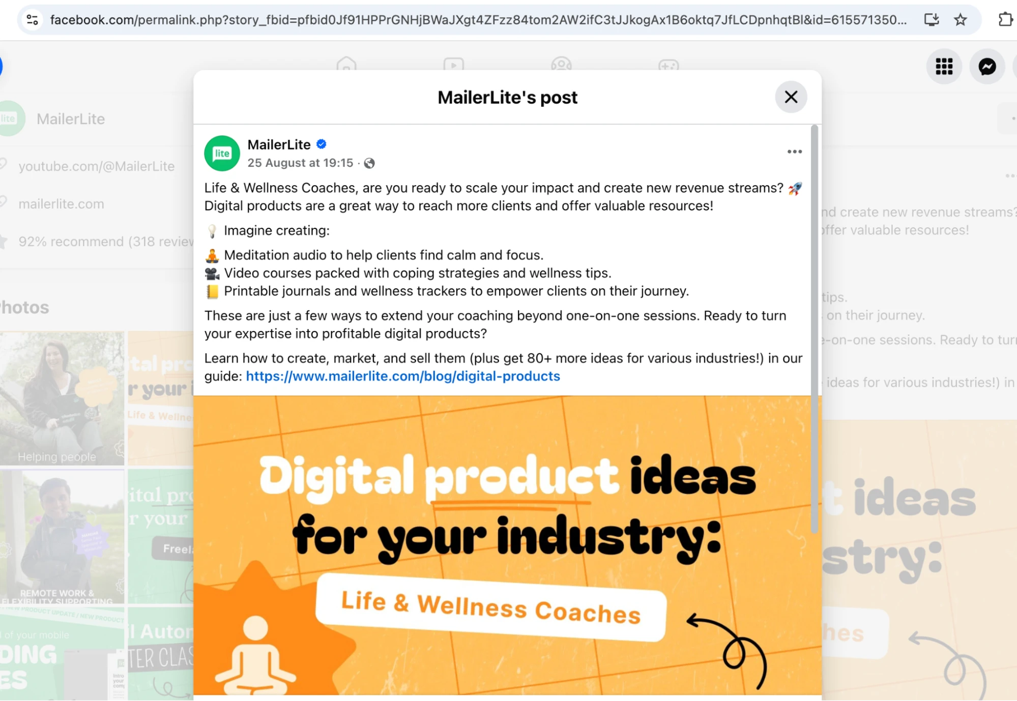 Screenshot of a post on the MailerLite Facebook page