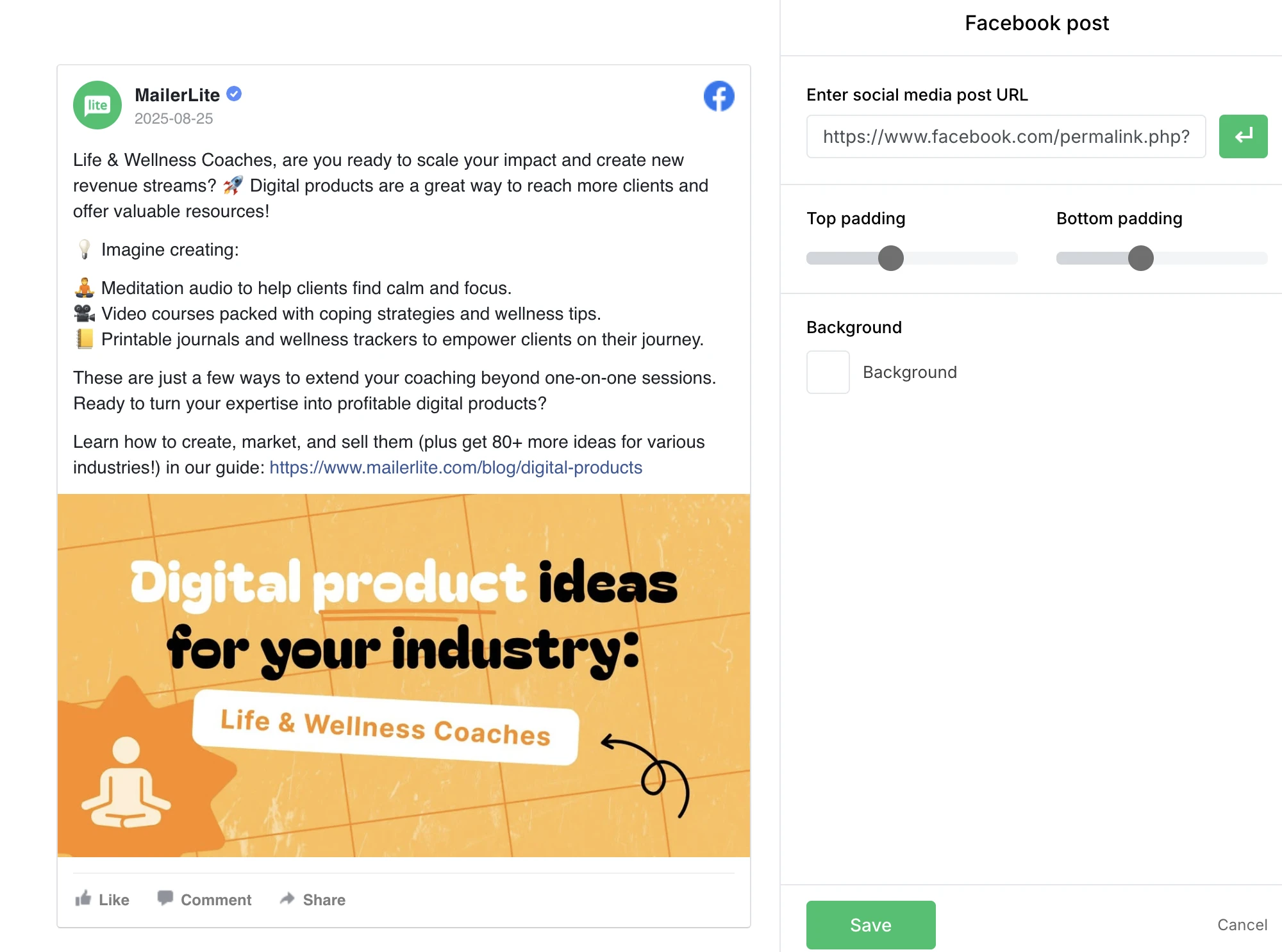 A Facebook post embedded in MailerLite