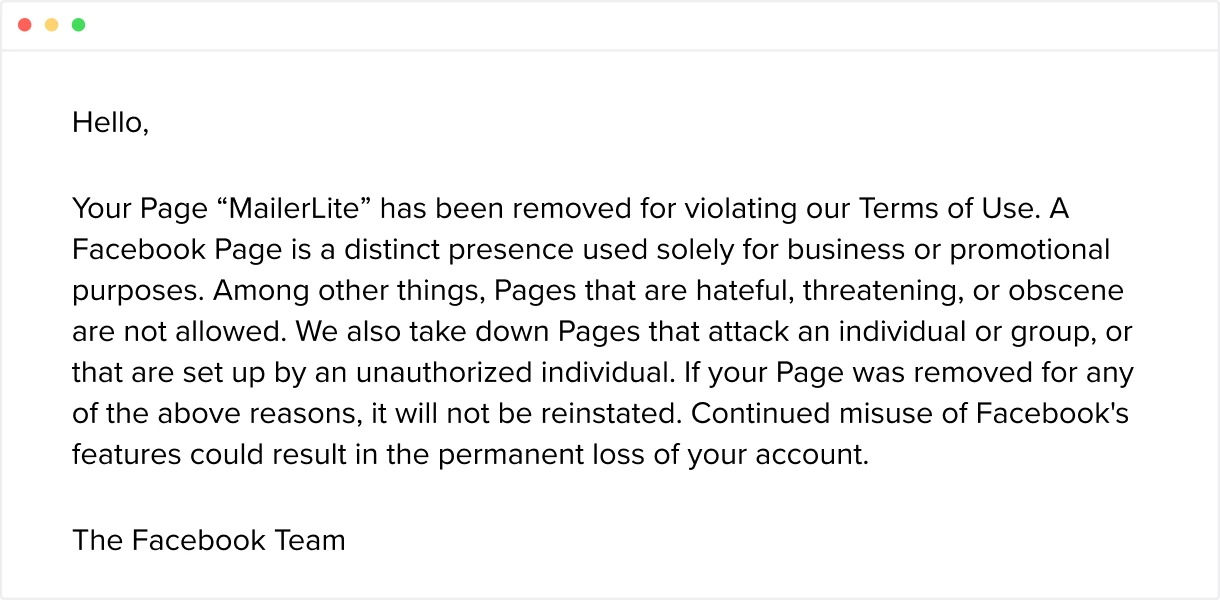Email from Facebook saying that MailerLite's account had been removed