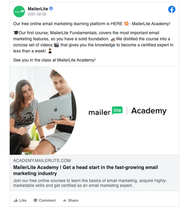 Embedded Facebook post in newsletter example