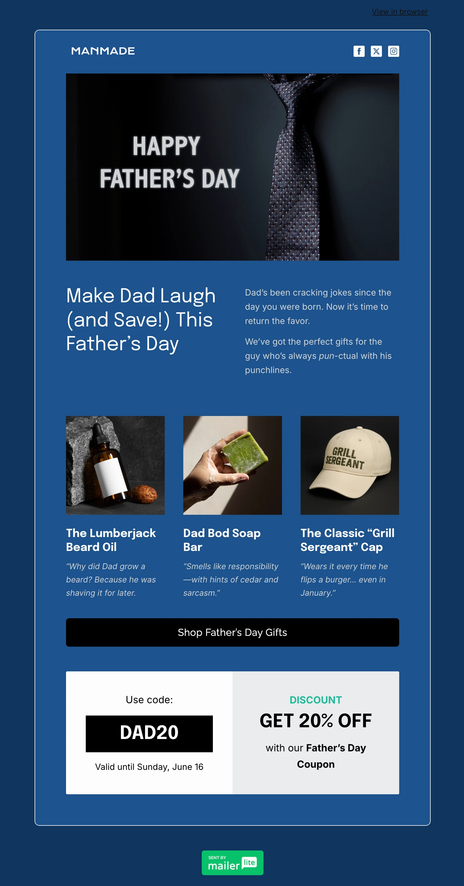 Father's Day newsletter example with product promotions and dad jokes