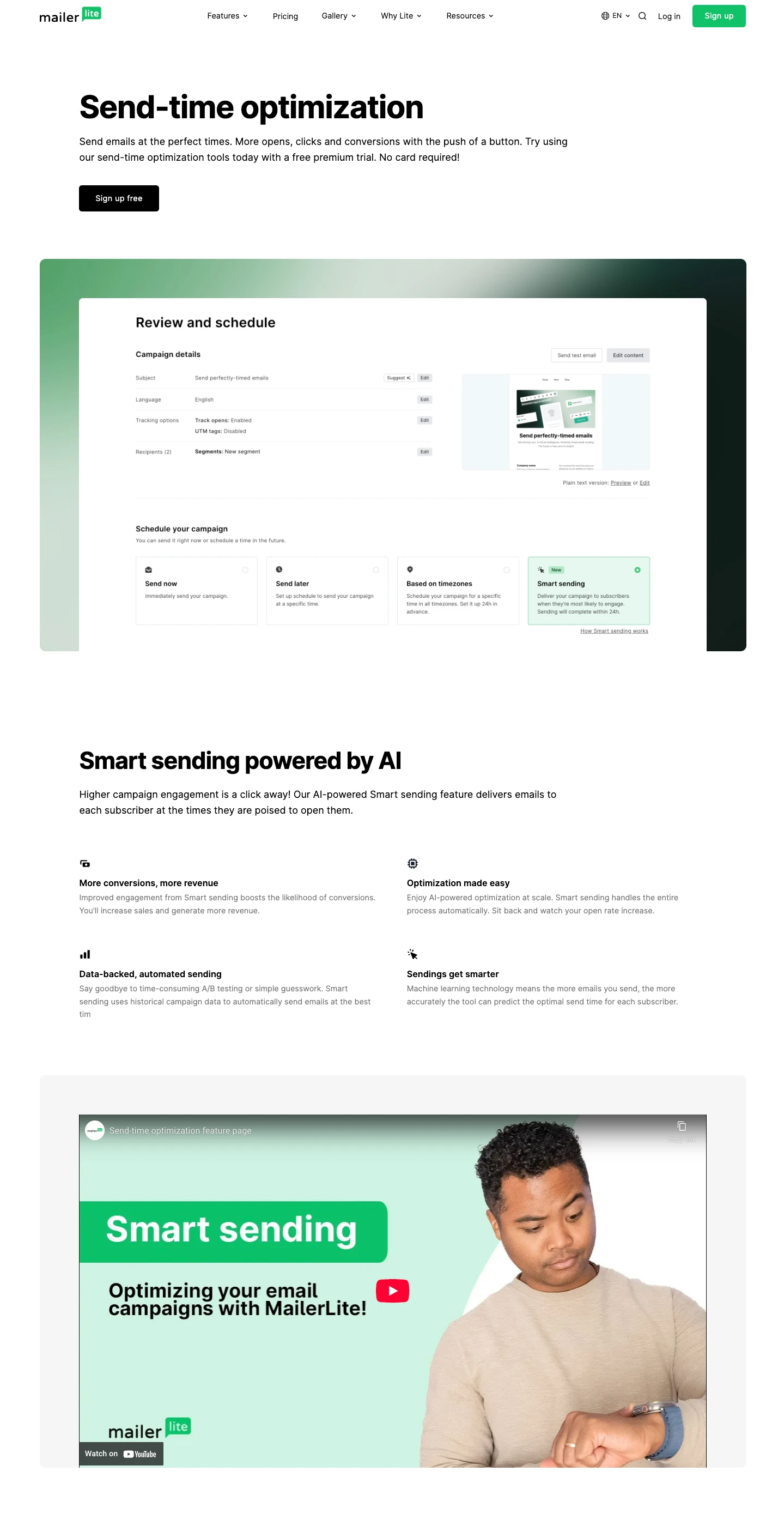 MailerLite send-time optimization feature page
