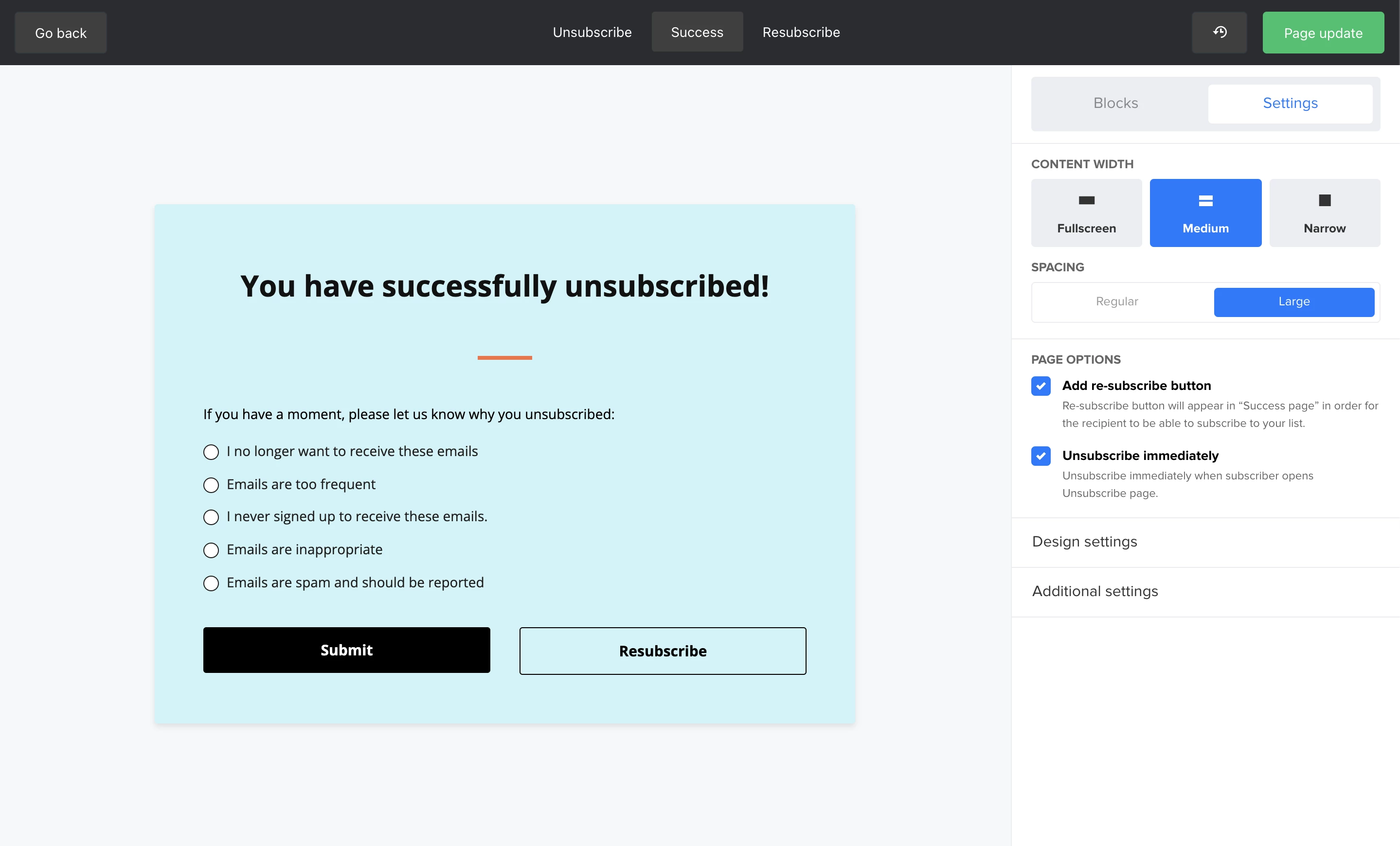Unsubscribe success page