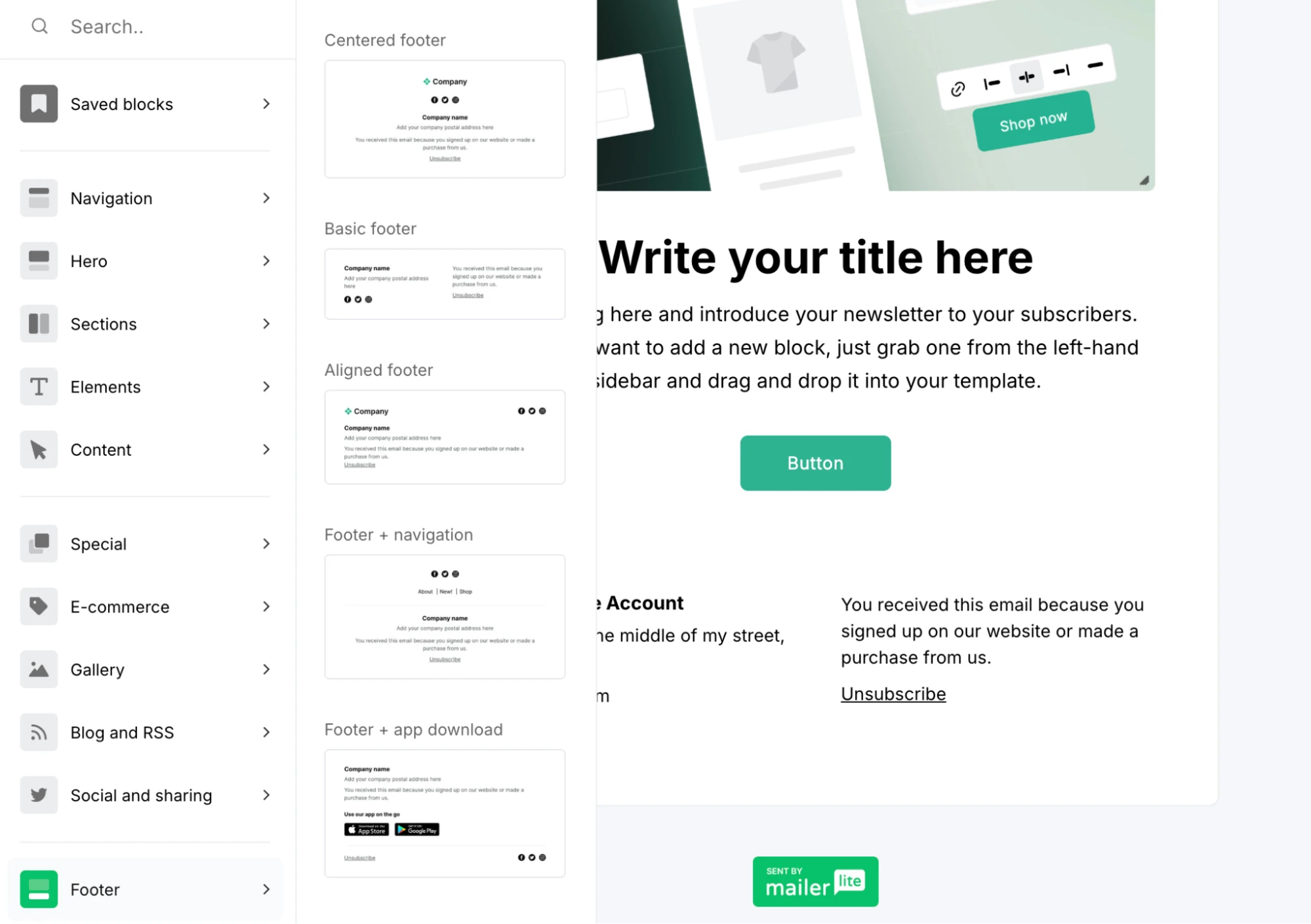 Pebuilt footer options in MailerLite