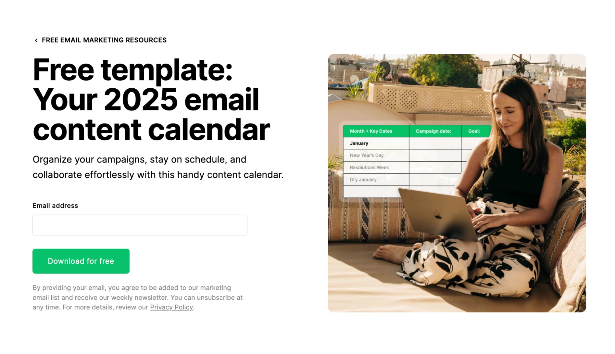 Screen of the MailerLite content calendar download page
