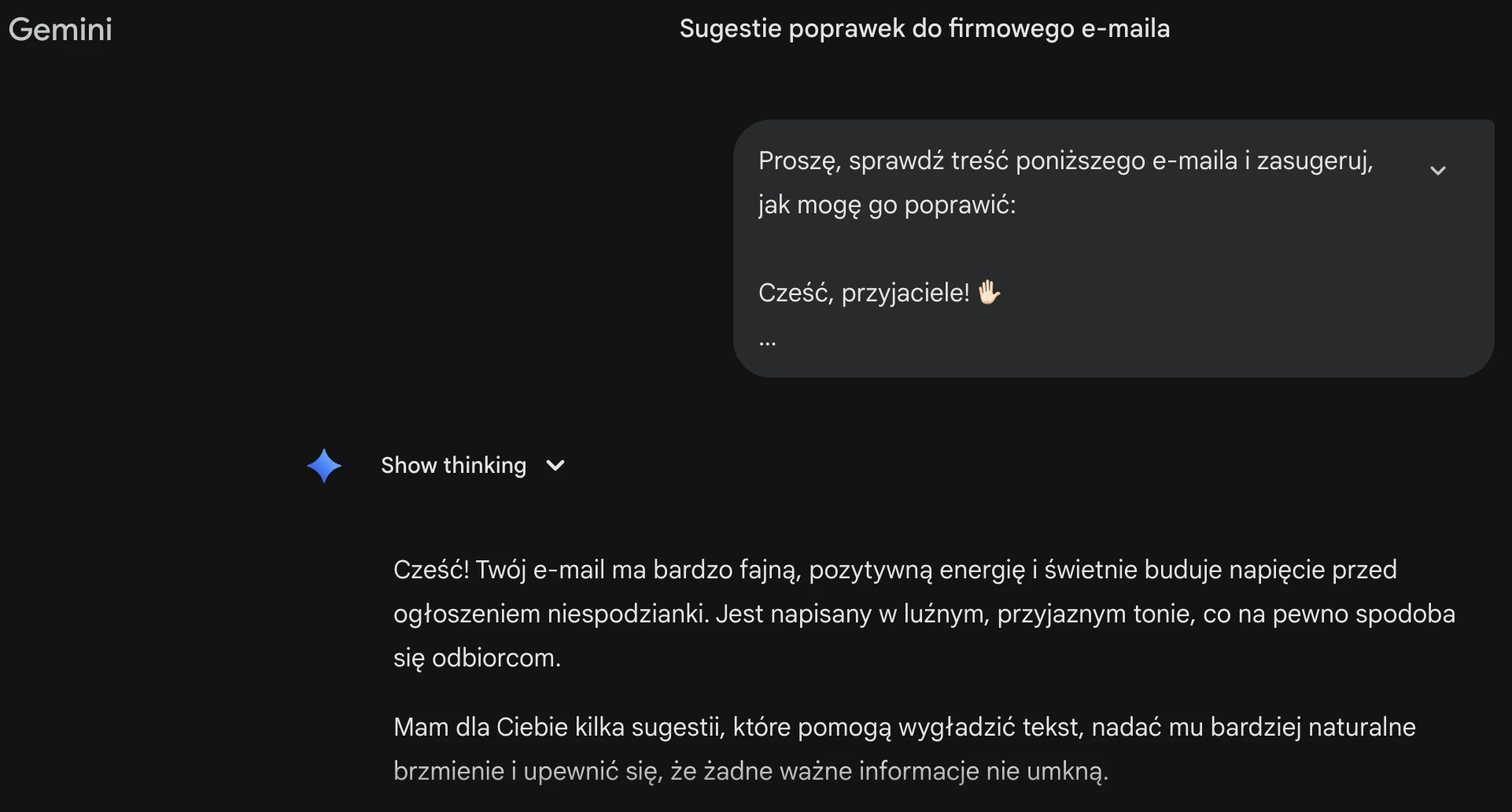 Zrzut ekranu z promptem dla Gemini, w którym prosimy o sprawdzenie i podanie sugestii dla ulepszenia treści e-maila