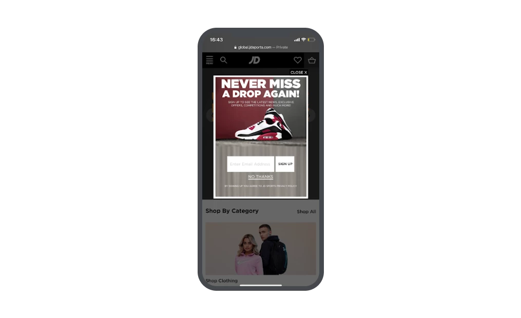 jd sports signup featured mobile popup with shoe image