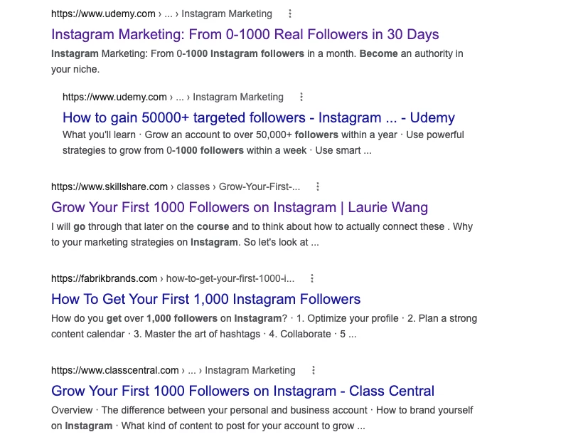 Google Search results for How to get Instagram followers courses