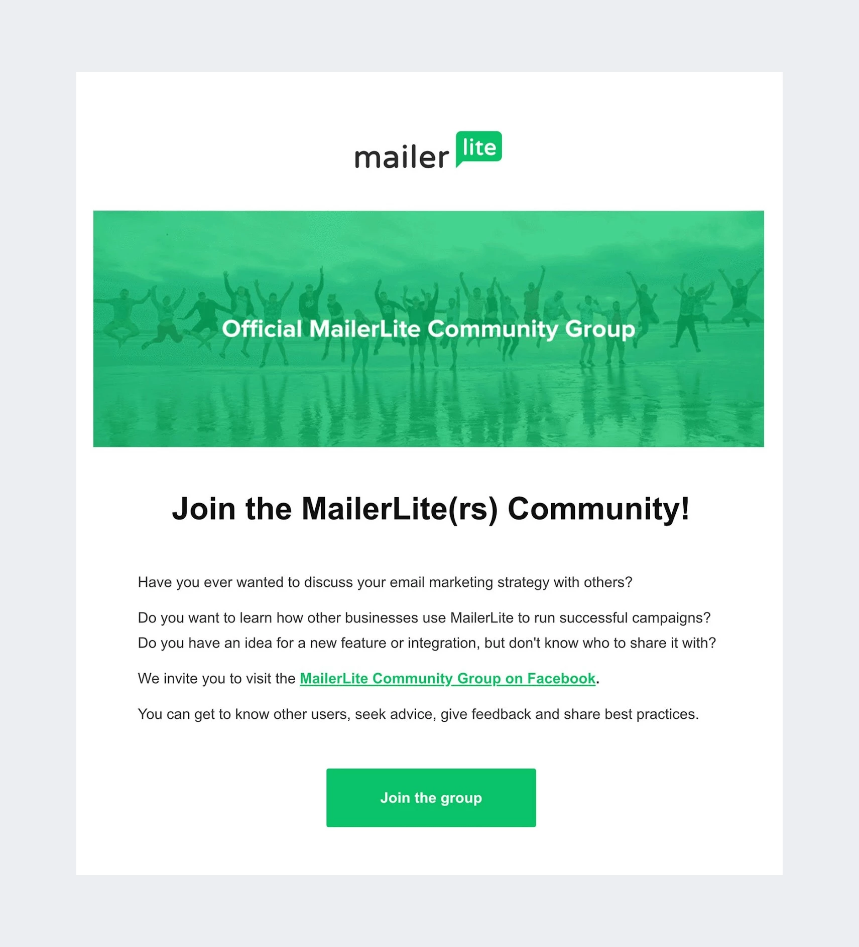 MailerLite facebook community invitation to join email