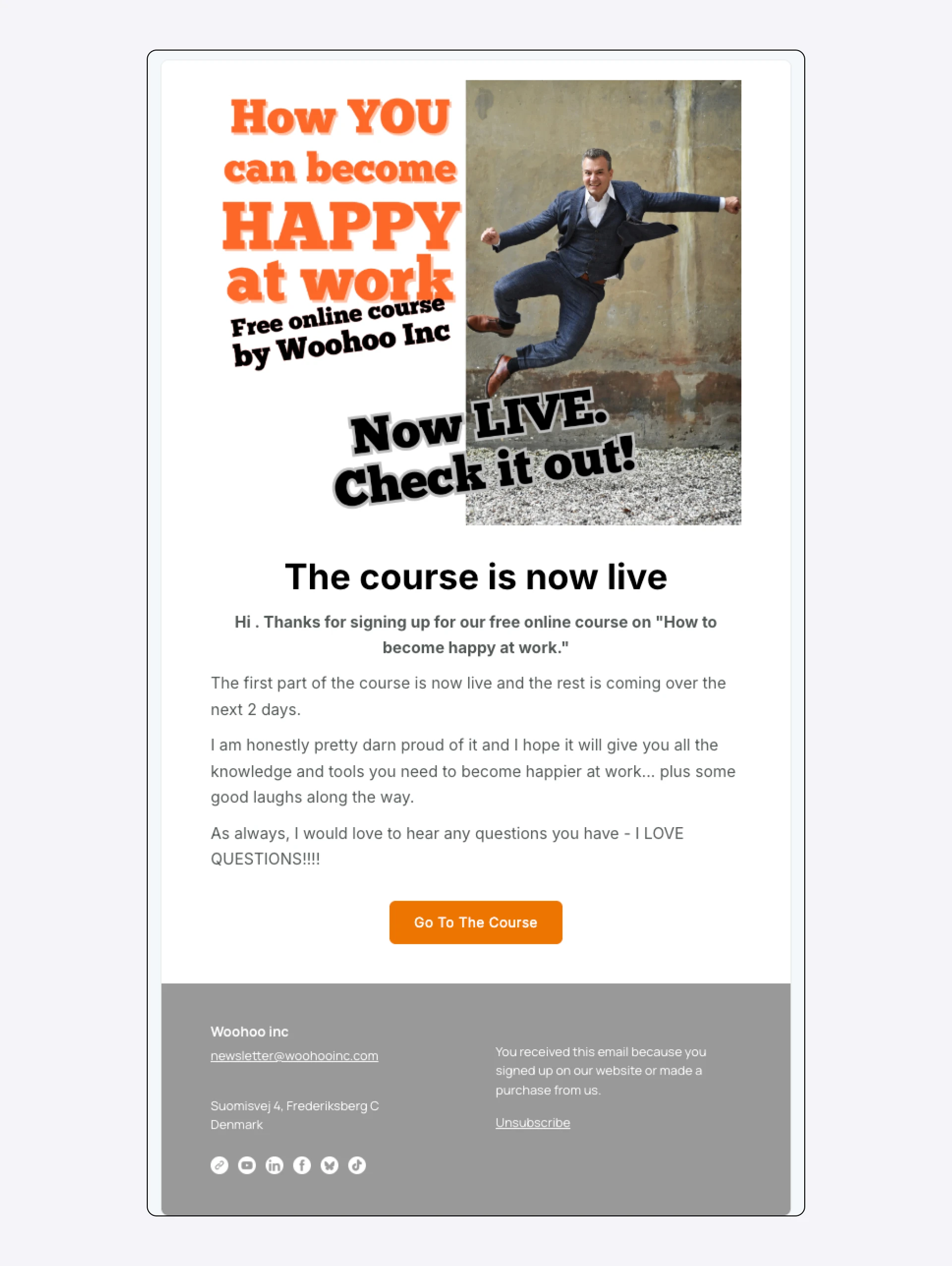 Screenshot of an email promoting the Happiness at Work course.