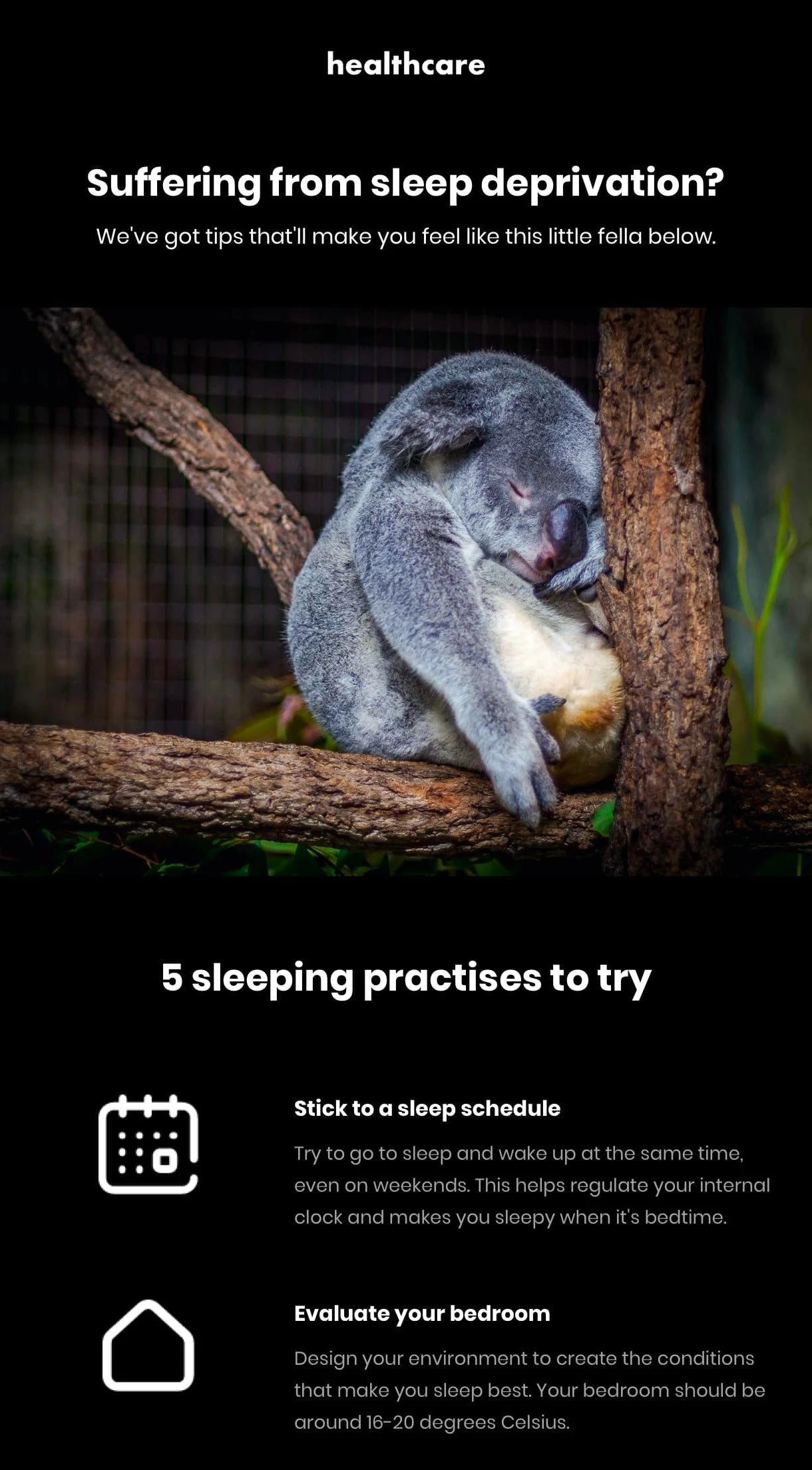 mailerlite black background newsletter email with sleeping koala healthcare sequence